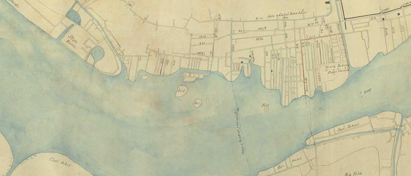 TNA MR 1/907, China: Canton (now Guangzhou). Map of the city and harbour, showing roads, buildings and gardens. 1855.