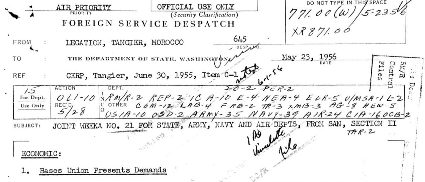 Central File: Decimal File 771.00, Internal Political And National Defense Affairs., Morocco, Political Affairs And Conditions. Elections. Political Parties And Groups. Political Refugees. Defectors. Amnesty. Revolutions, Riots, Disturbances. Civil War., July 25, 1957 - June 10, 1959. July 25, 1957 - June 10, 1959. MS King and the People in Morocco, 1950-1959: Records of the Department of State relating to Internal Affairs: Morocco, 1955-1959. National Archives (United States). Archives Unbound, link.gale.com/apps/doc/SC5101460225/GDSC?u=asiademo&sid=bookmark-GDSC&xid=186ed47f&pg=606.!''