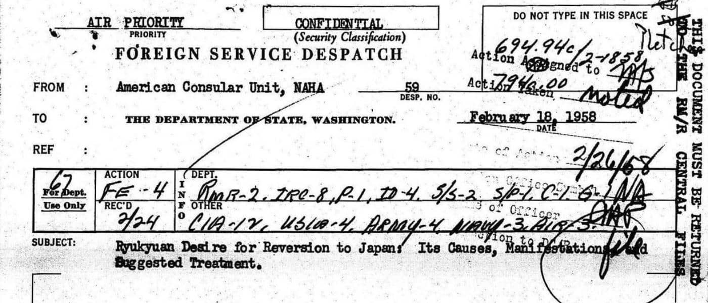 Central File: Decimal File 694.94C, International Political Relations. Other International Relations. Bilateral Treaties., Japan, Political Relations between Japan and Ryukyu Islands (Okinawa), Nampo Islands (Bonin, Volcano and Marcus)., February 18, 1958. 18 Feb. 1958. MS Japan: Records of the U.S. Department of State, 1950-1959: Records of the Department of State Relating to Political Relations between the United States and Japan, 1955-1959. National Archives (United States). Archives Unbound, link.gale.com/apps/doc/SC5112347263/GDSC?u=asiademo&sid=bookmark-GDSC&xid=0516f8ee&pg=1.