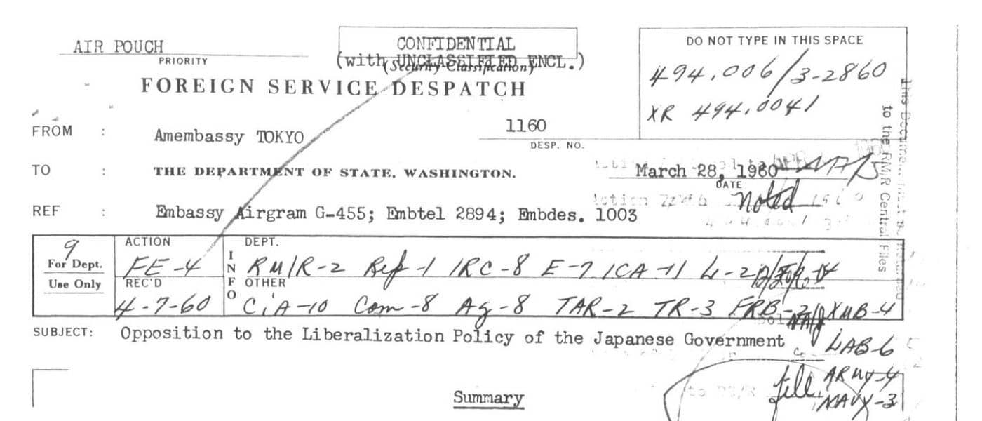 Central File: Decimal File 494.006, International Trade And Commerce. Trade Relations, Treaties, Agreements. Customs Administration., Other Administrative Measures Affecting Import Trade. Embargo. Subsidies. Import Licenses. Dumping. Prison-Made Goods. Laws And Regulations Of Exporting The World And Their Bearing On Trade Interests Of Importing Japan., March 22, 1960 - November 7, 1961. March 22, 1960 - November 7, 1961. MS Japan: Records of the U.S. Department of State Relating to Commercial Relations, 1950-1963. National Archives (United States). Archives Unbound, link.gale.com/apps/doc/SC5113770092/GDSC?u=asiademo&sid=bookmark-GDSC&xid=bd00beaa&pg=2.