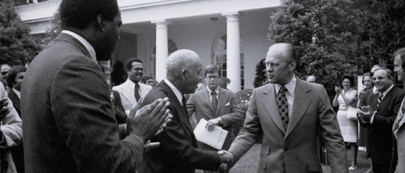 President Gerald R. Ford Greeting Roy Wilkins, Vernon Jordan, and Others Prior to the Signing Ceremony for H.R. 6219, Extending the Voting Rights Act of 1965 - NARA https://nara.getarchive.net/media/president-gerald-r-ford-greeting-roy-wilkins-vernon-jordan-and-others-prior-f48738!''