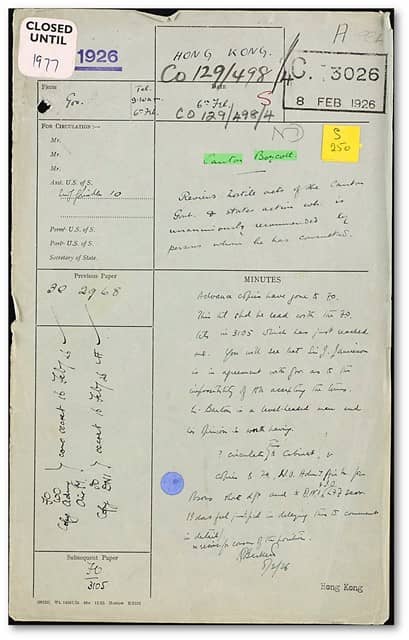 広東ボイコット：広東政府の敵対行為および推奨される対抗策（1926年2月） Canton Boycott: Hostile Acts of Canton Government and Recommended Action: 1926 Feb. 6-Feb. 16. February 6-16, 1926. TS War and Colonial Department and Colonial Office: Hong Kong, Original Correspondence CO 129/498/4. The National Archives (Kew, United Kingdom). China and the Modern World