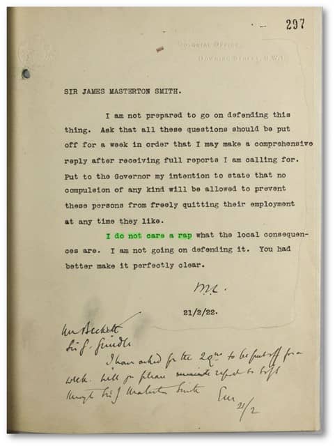 妹仔制度を擁護しない方針を伝える植民地相チャーチルの文書（1922年2月21日） Offices: (Except Admiralty, Crown Agents and Foreign); Individuals: 1922. 1922. MS War and Colonial Department and Colonial Office: Hong Kong, Original Correspondence CO 129/478. The National Archives (Kew, United Kingdom). China and the Modern World