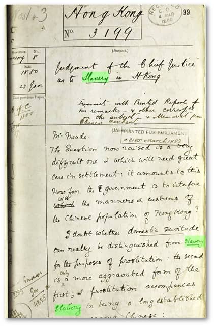 香港における奴隷制についての主席大法官の判断について（1880年1月23日） Despatches: 1880 Jan.-Apr. January-April, 1880. MS War and Colonial Department and Colonial Office: Hong Kong, Original Correspondence CO 129/187. The National Archives (Kew, United Kingdom). China and the Modern World