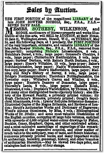 1864年のサザビーによるニコルズ蔵書の競売公告（『デイリー・ニュース』1864年5月20日）