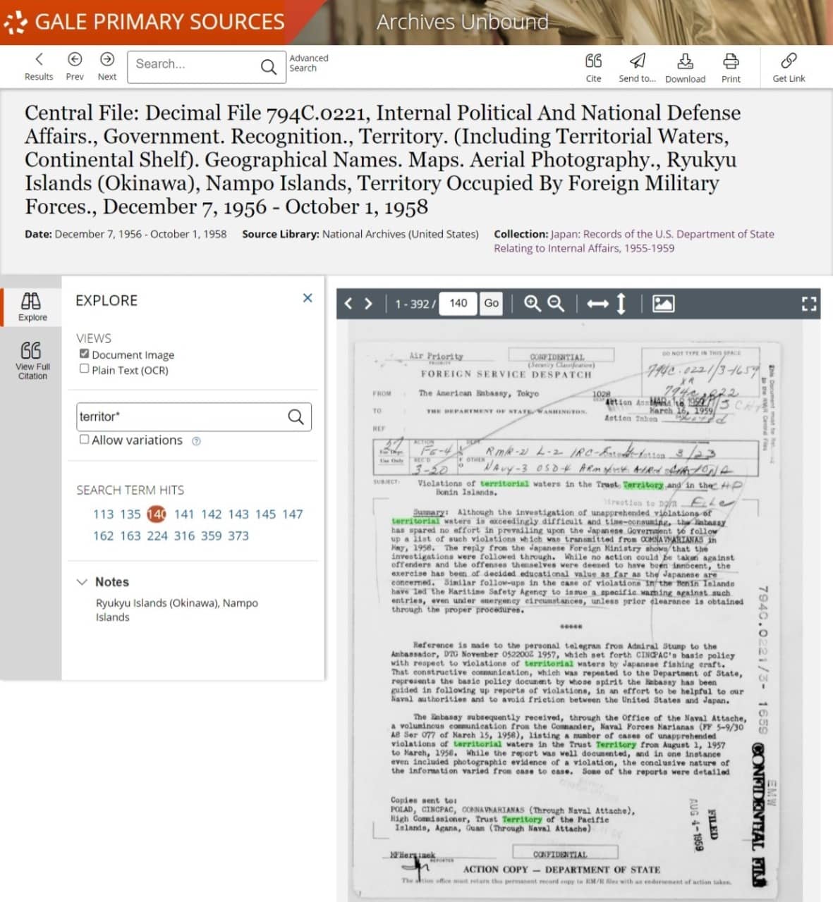 Central File: Decimal File 794C.0221, Internal Political And National Defense Affairs., Government. Recognition., Territory. (Including Territorial Waters, Continental Shelf). Geographical Names. Maps. Aerial Photography., Ryukyu Islands (Okinawa), Nampo Islands, Territory Occupied By Foreign Military Forces., December 7, 1956 - October 1, 1958.