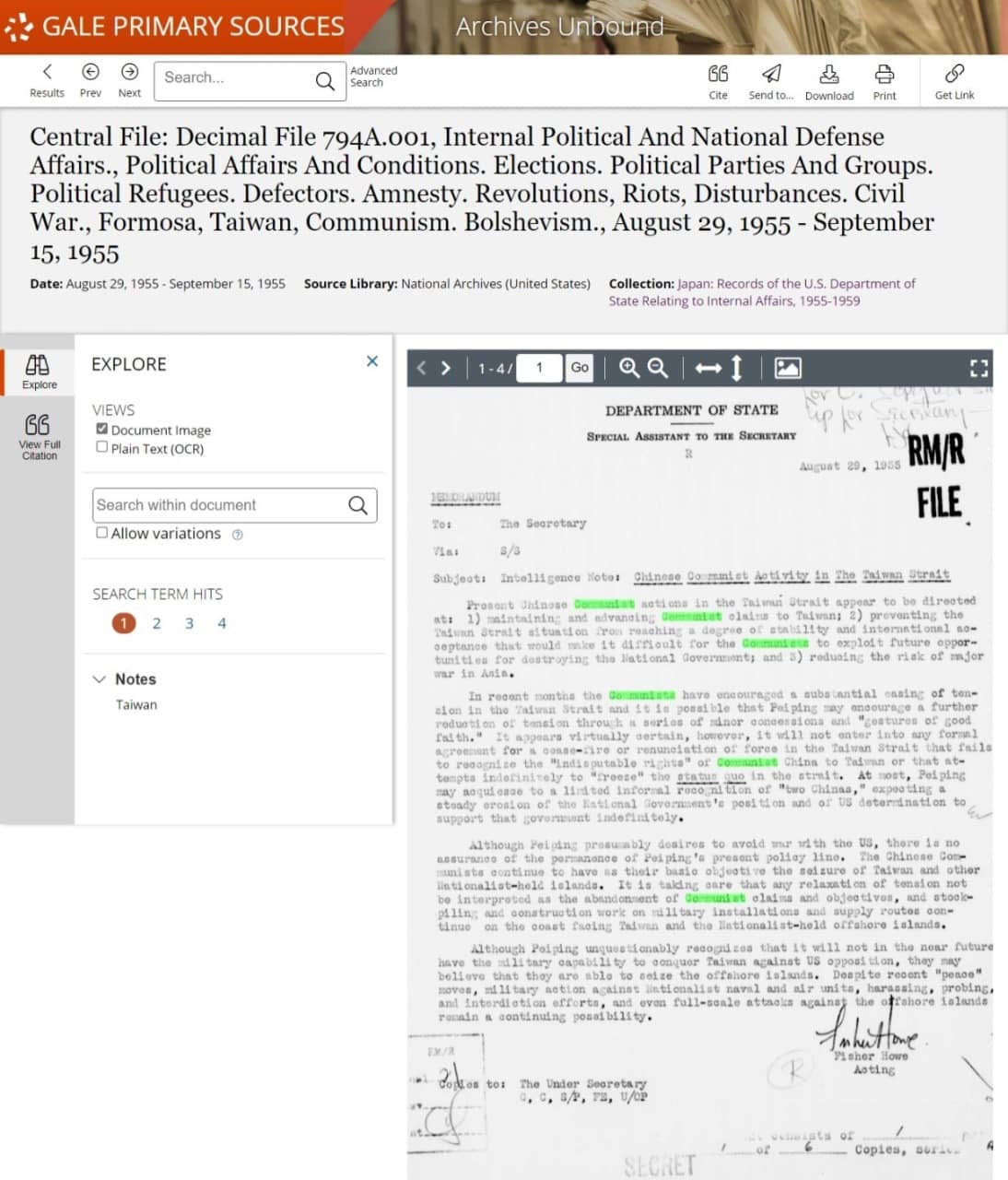 Central File: Decimal File 794A.001, Internal Political And National Defense Affairs., Political Affairs And Conditions. Elections. Political Parties And Groups. Political Refugees. Defectors. Amnesty. Revolutions, Riots, Disturbances. Civil War., Formosa, Taiwan, Communism. Bolshevism., August 29, 1955 - September 15, 1955.