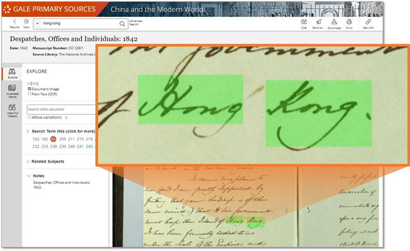 中国近代史シリーズで"Hong Kong"（香港）を検索した際のHTRによるヒットの例。筆記体で書かれた"Hong Kong"の箇所が緑色にハイライトされている。