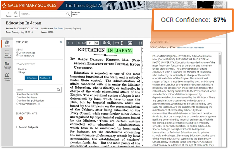 『タイムズ』歴史アーカイブで記事の画像とOCRテキストを並べて表示した例。この文献のOCR信頼度スコアは「87%」と出ている。