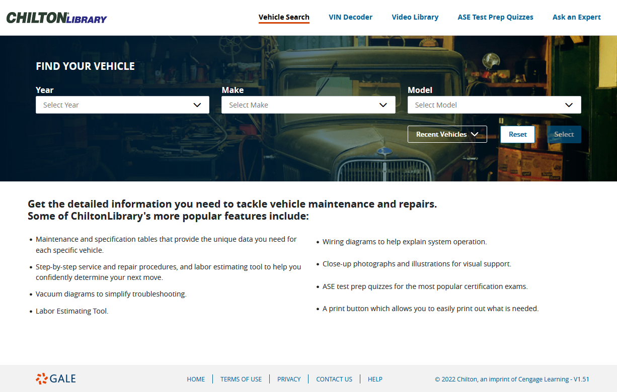 Chilton Library homepage where you can select a tab to research a VIN, view automotive fundamentals multimedia, or test your automotive knowledge.