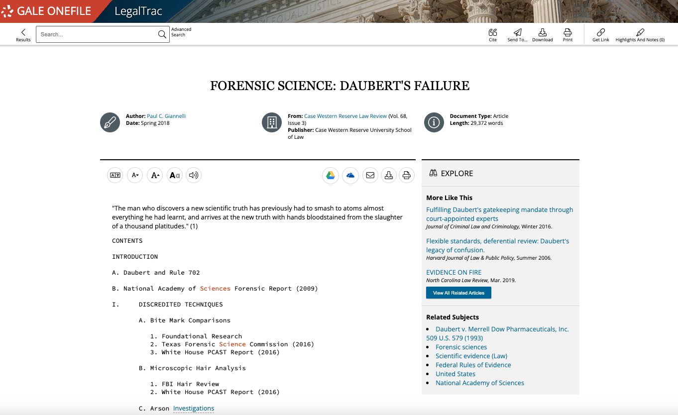 Gale OneFile: LegalTrac search result