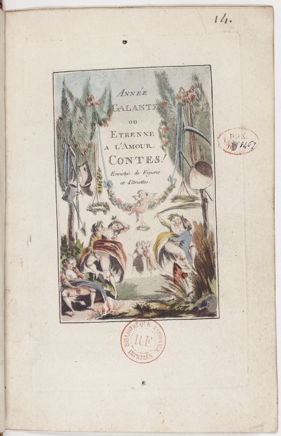 Title page design - sexual activity
From: Année galante ou Etrenne à l'amour. Contes! Enrichis de figures et d'ariettes (1773)