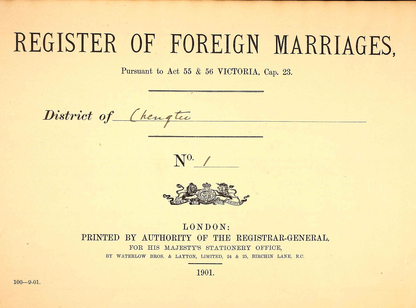 FO_664-2: Foreign Office: Consulate, Chengtu, China: Various Registers. Register of Foreign Marriages. 1901