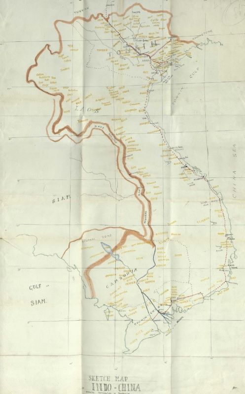 FO 17/1681: Commercial Attache at Shanghai; Mr Jamieson. Secretary; Mr Cockburn. Consular Assistants; Fox, Pearson. Domestic; Chang Ta-jen, Sir H. Macartney, Ivan Chen. Diplomatic. 1905 “Sketch map of Indo-China, showing distribution of products.”