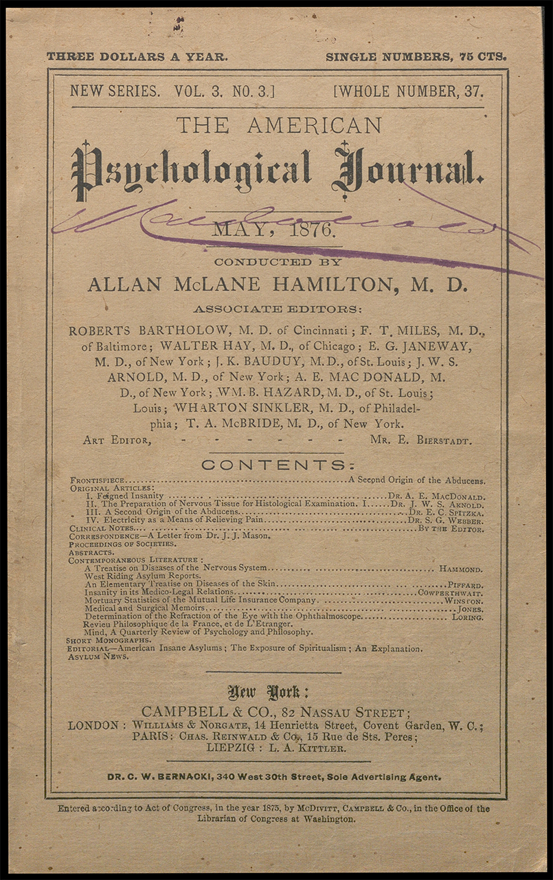 Subseries D: Other, the American Psychological Journal, Vol. 3, No. 3. 1876. MS Alexander E. Macdonald Papers, 1865-1906: Series II: Printed Material Box 3, Envelope 2. New York Academy of Medicine. History of Disabilities