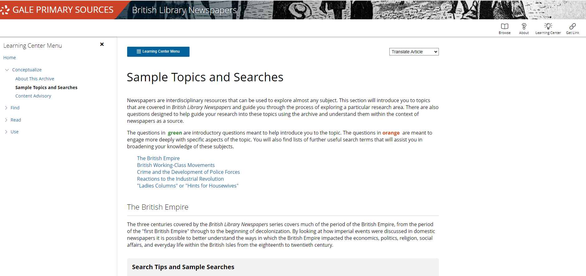 Screen capture of the Learning Center in British Library Newspapers
