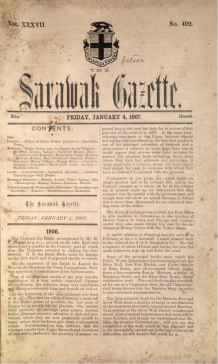 A front cover of the Sarawak Gazette, a government gazette published in British Borneo in 1907.