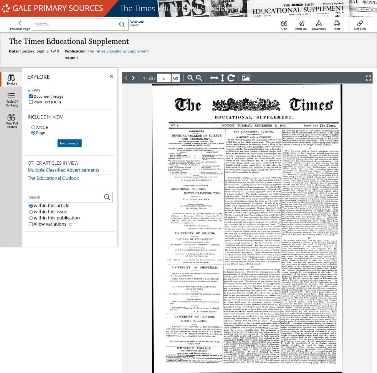 『タイムズ教育誌（TES）』歴史アーカイブ 創刊号（1910年9月6日）
