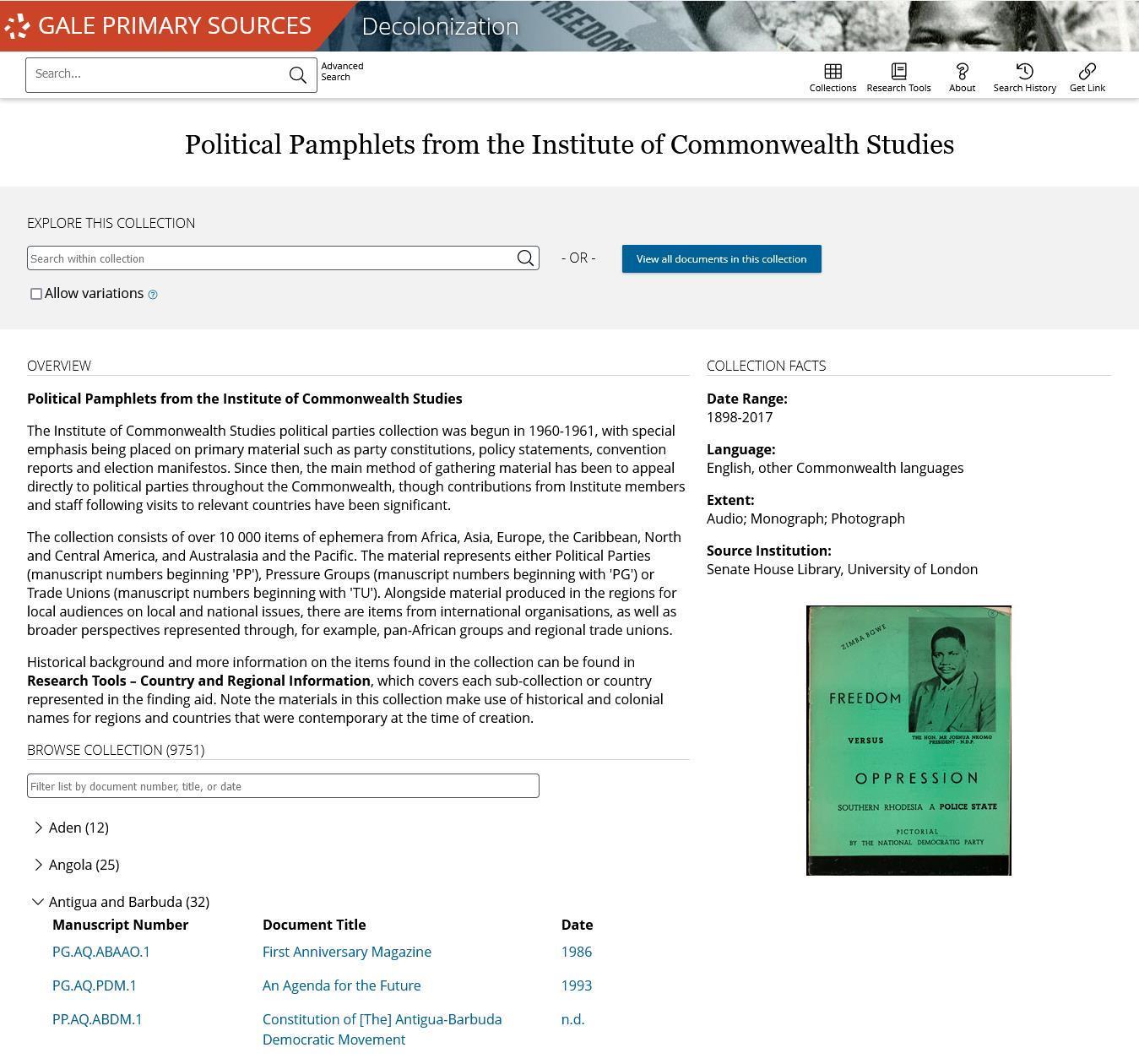 脱植民地化：旧英国植民地・英連邦における政治・独立運動 コレクション概要画面（ロンドン大学コモンウェルス研究所所蔵政治パンフレット集成）