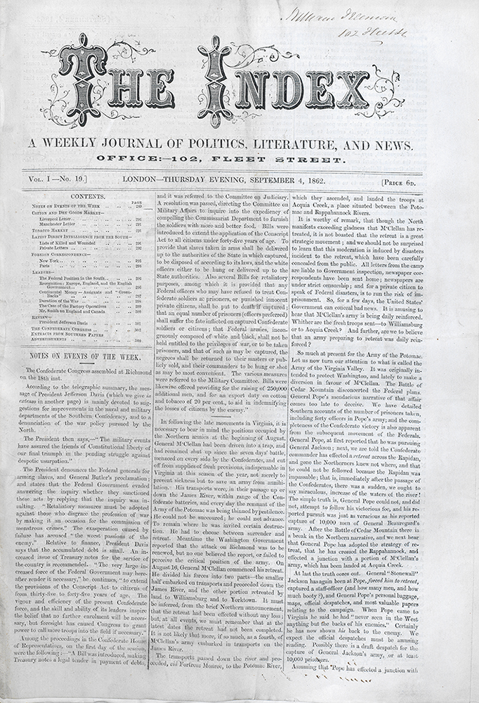 Front page of The Index, September 4th, 1862, [Vol. 1, No. 19], London.