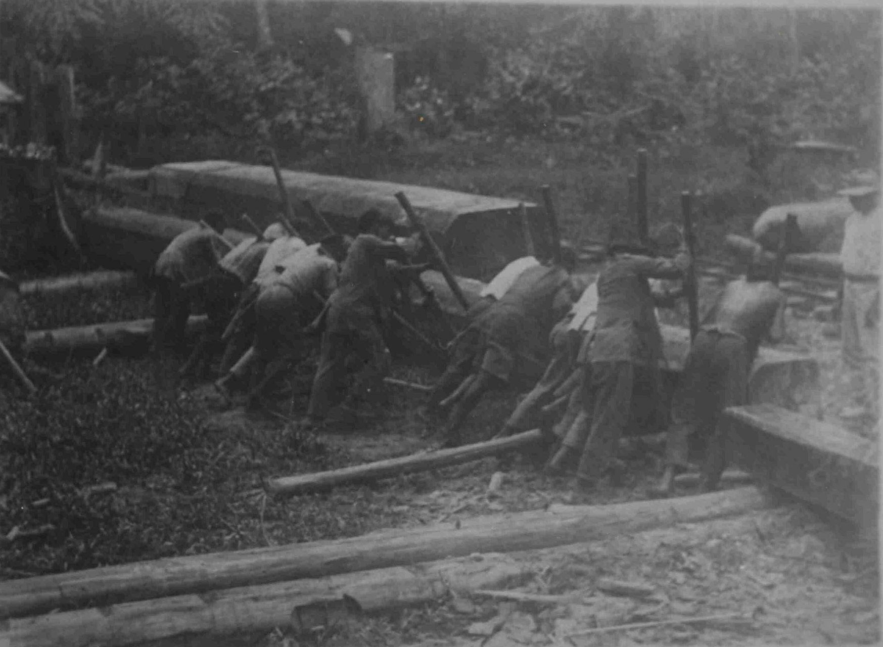 Forestry work in Borneo, c.1920s. View of men moving a large log. CO 1069/541/1