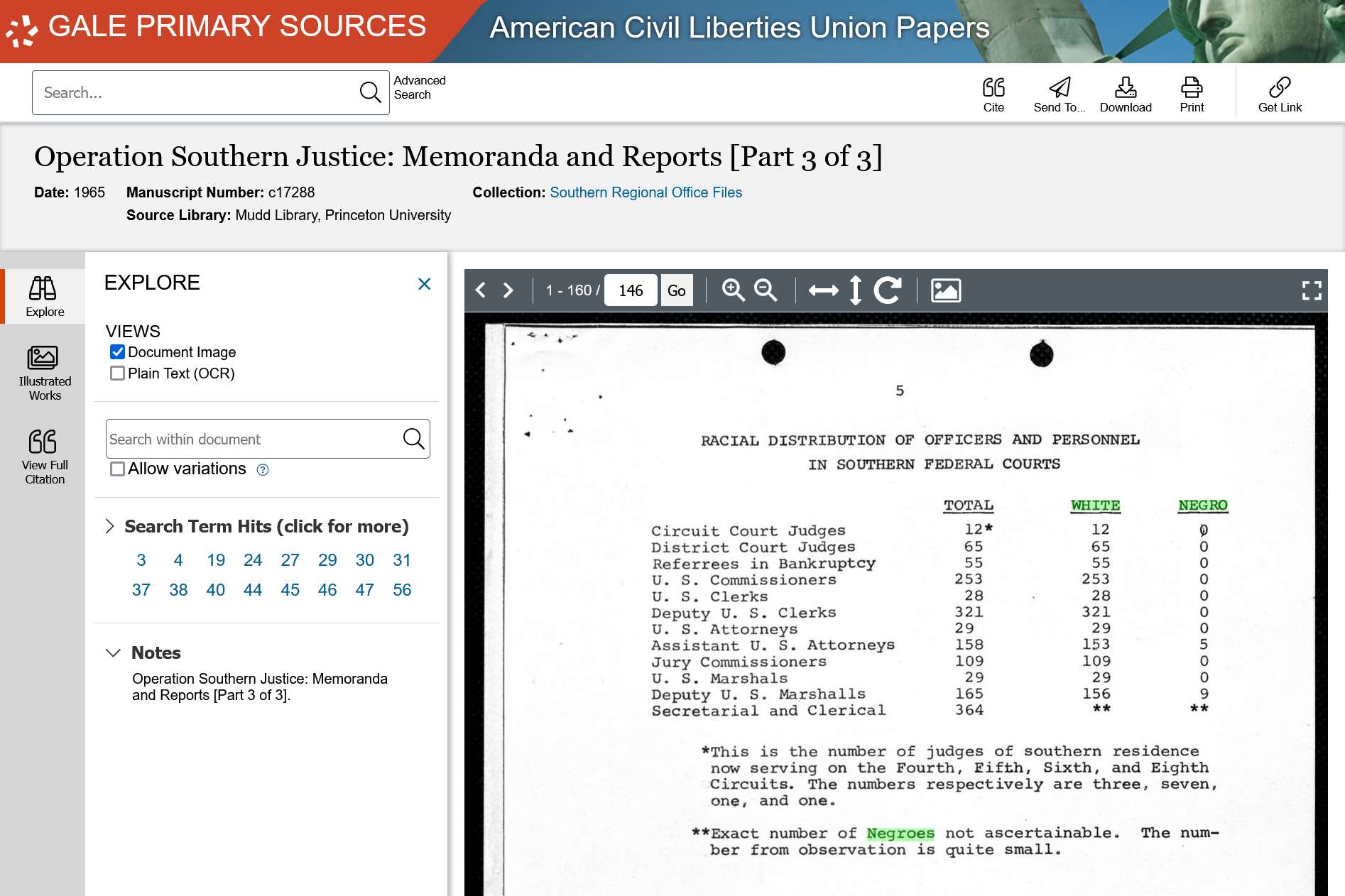 The Making of Modern Law: American Civil Liberties Union Papers, Part II: Southern Regional Officeの文献表示画面