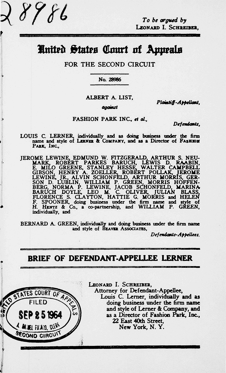 Schreiber, Leonard I., and Louis C. Lerner. List v. Fashion Park, Inc., 340 F.2d 457 (1965). Appellee's brief. 25 Sept. 1964. The Making of Modern Law: Landmark Records and Briefs of the U.S. Courts of Appeals