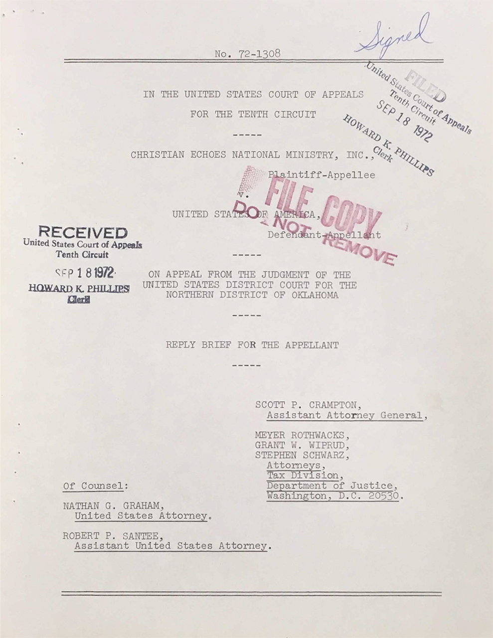 Crampton, Scott P., et al. Christian Echoes National Ministry, Inc. v. United States, 470 F.2d 849 (1973). Reply brief. 18 Sept. 1972. The Making of Modern Law: Landmark Records and Briefs of the U.S. Courts of Appeals