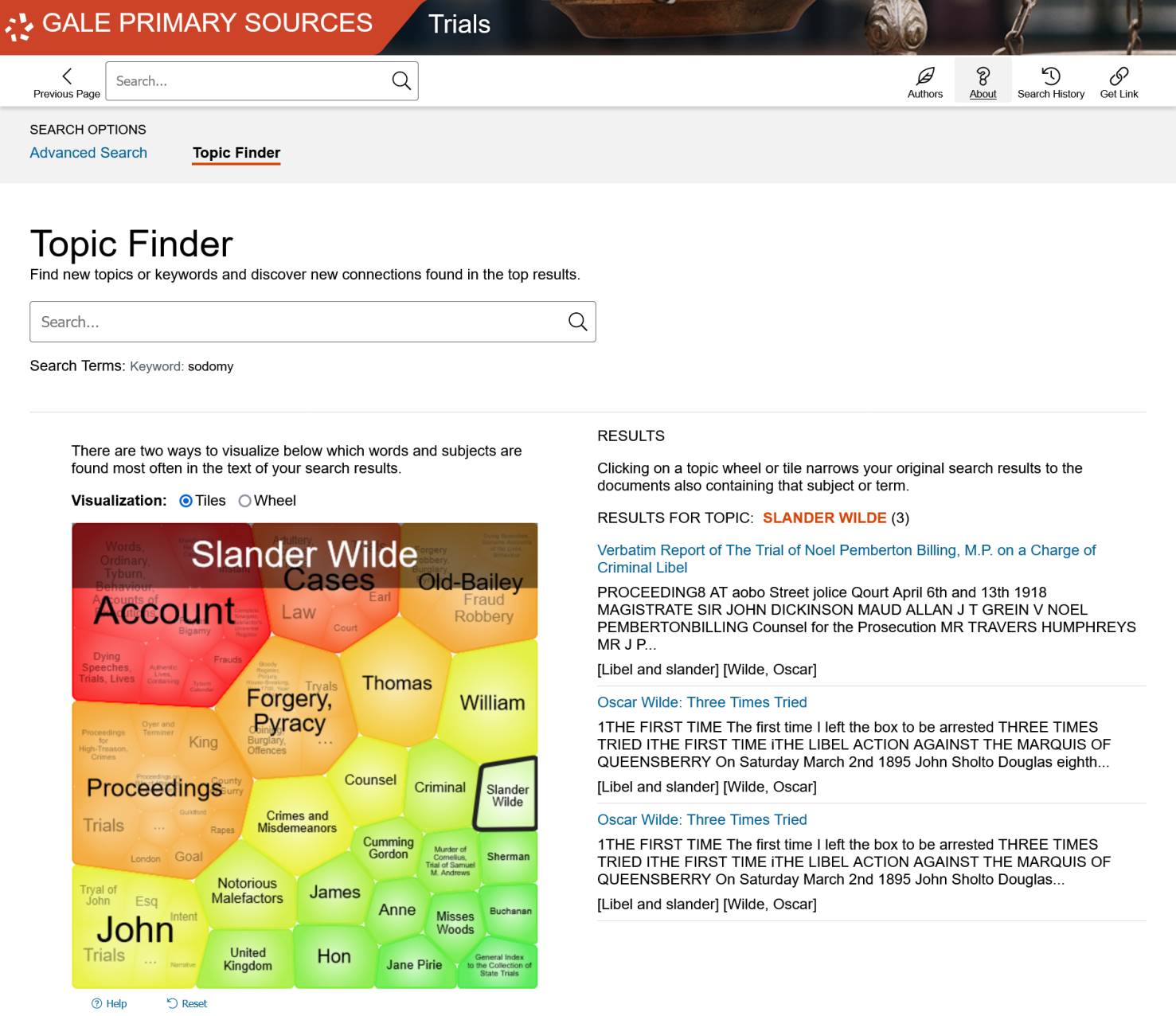 The Making of Modern Law: Trials, 1600-1926 のTopic Finder機能